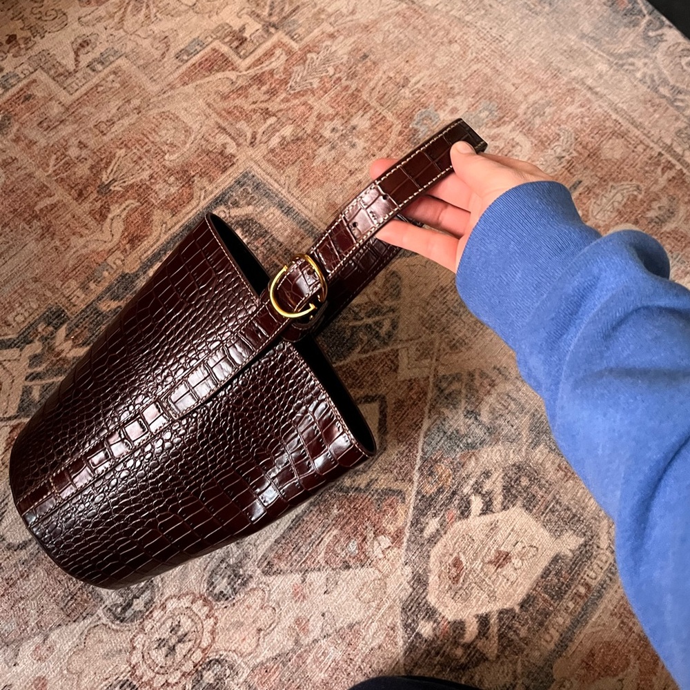 TRADEMARK brown croc leather bucket bag